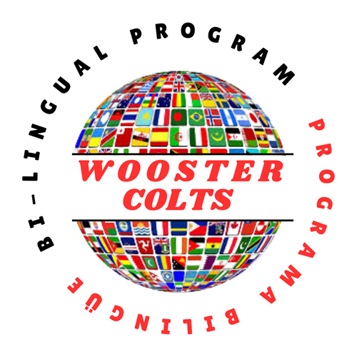 World with all of the flags of the world on it. With the words: Wooster Colts Bi-lingual Program on it